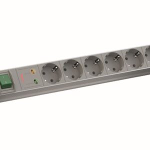 ALLNET 19"zbh. Steckdosenleiste, 7xDosen(CEE7)->Stecker(CEE7), ÜS/Schalter, ALU, Lichtgrau, Bachmann,