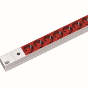 ALLNET 19"zbh. Steckdosenleiste, 8xDosen(CEE7)->Kaltgeräte(Stecker,C14), mit Feinsicherung 10A, ALU, Lichtgrau/Rot, Bachmann,