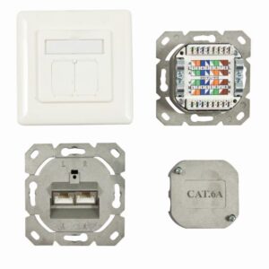 Dosen TP, UP, 2-fach, CAT6A, 500Mhz, Reinweiss, LSA, Synergy 21, waagrechter hinterer Kabeleingang