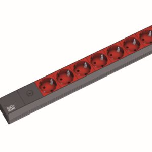 ALLNET 19"zbh. Steckdosenleiste, 8xDosen(CEE7)->Kaltgeräte(Stecker,C14), mit Feinsicherung 10A, ALU, Schwarz/Rot, Bachmann,