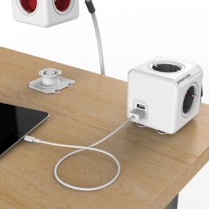 DesignNest(Allocacoc) Powercube, Extended USB, 4xDosen(CEE7)->Stecker(CEE7), 1.5m, weiss/grau