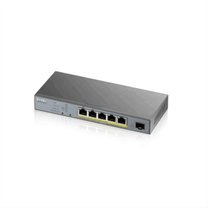 Zyxel Switch smart managed Layer2 6 Port • 5x 1 GbE • PoE Budget 60 Watt • 5x PoE at • 1x SFP • Desktop • Lüfterlos • GS1350-6HP