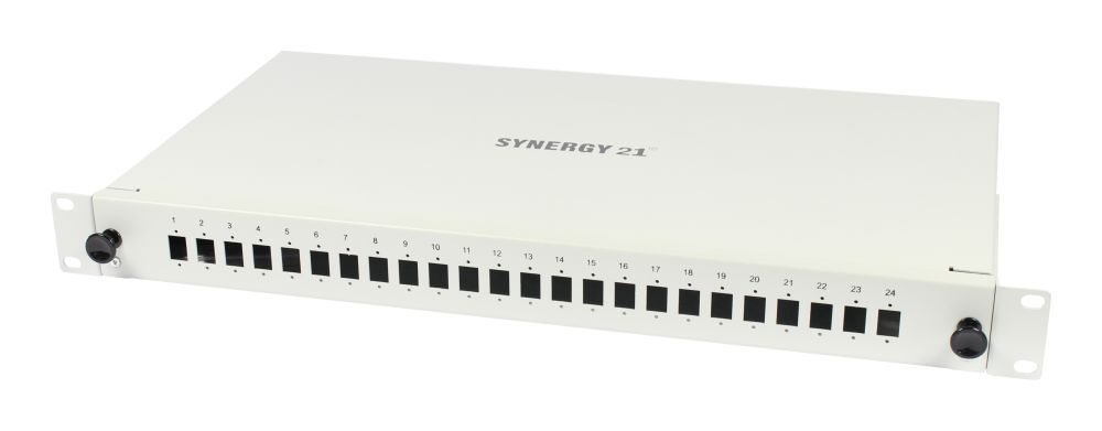 LWL-Patchpanel 24xLSH(E2000APC)-simplex-Buchsen, 19", 9/125u Singlemode, Lichtgrau, Synergy 21,