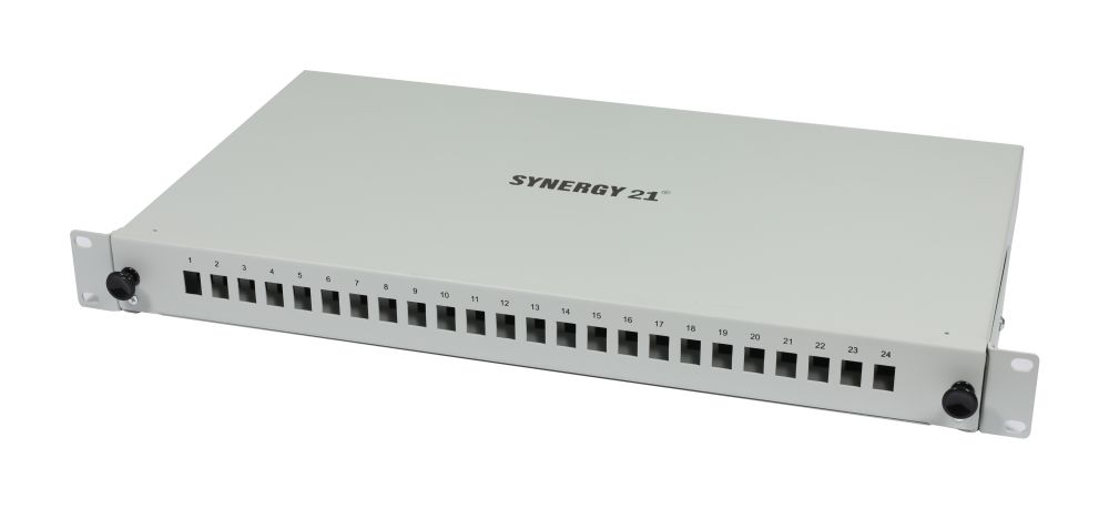 LWL-Patchpanel Spleisbox,19", 6xLC-Duplex-Buchsen, OM5, 50/125u Multimode, incl.Pigtails, Lichtgrau, Synergy 21,