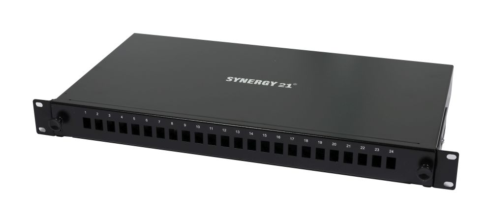 LWL-Patchpanel Spleisbox,19", 24xLC-Duplex-Buchsen, OM5, 50/125u Multimode, incl.Pigtails, Schwarz, Synergy 21,