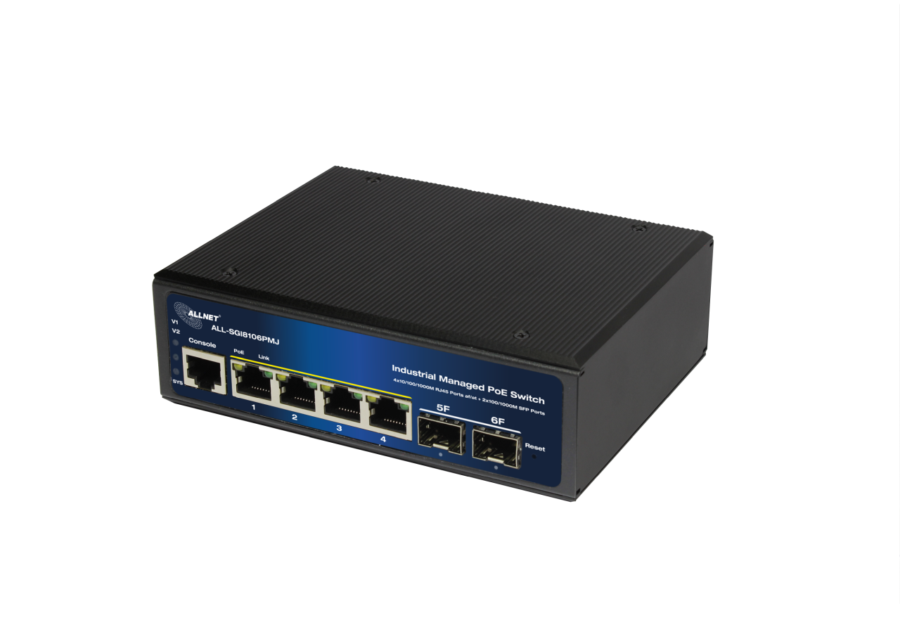 ALLNET Switch industrial full managed Layer2+ 6 Port GbE • PoE Budget 360W • 4x PoE bt • 2x SFP • Lüfterlos • DIN • ALL-SGI8106PMJ-BT