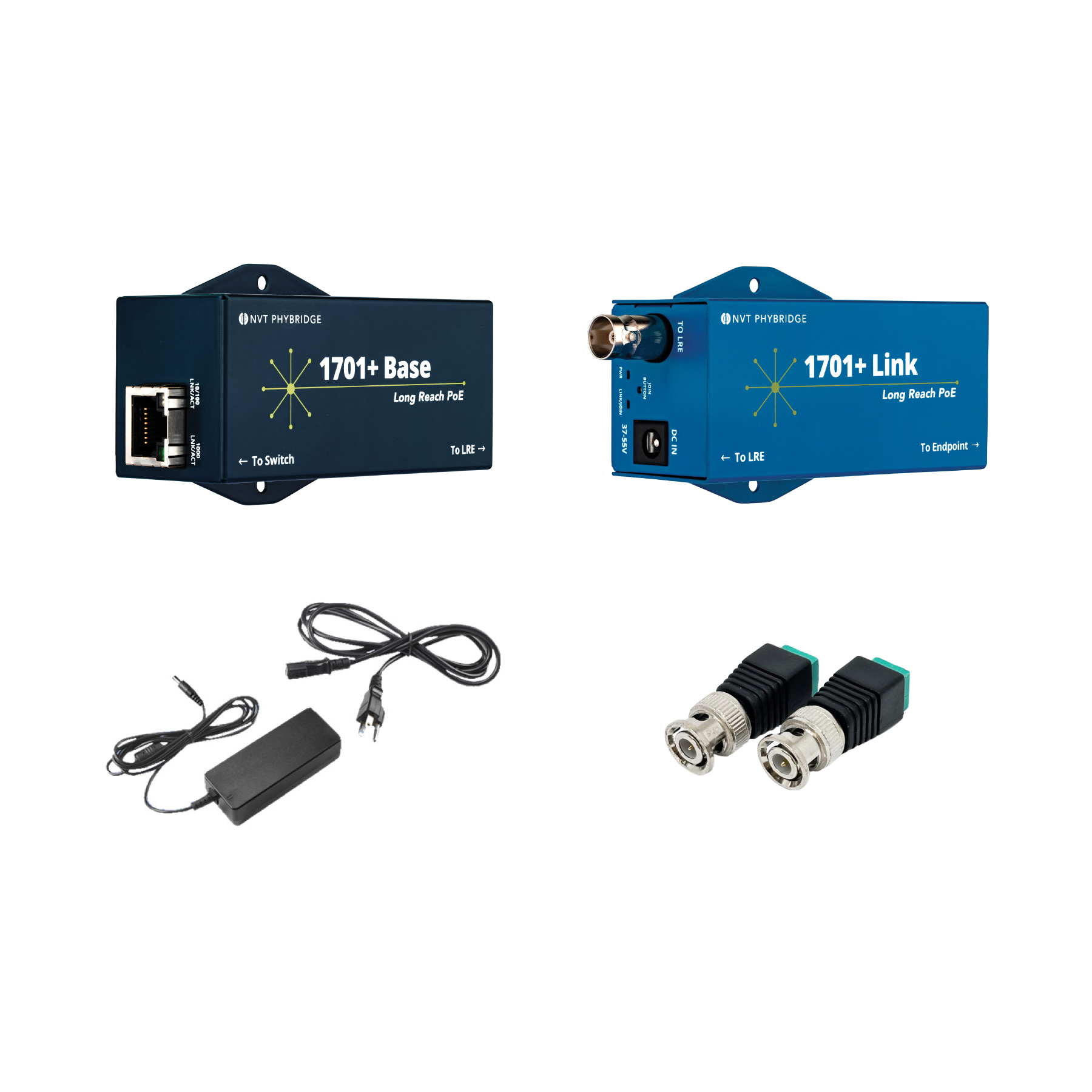 NVT Phybridge 1701+ • Adapter • PoE over Coax, Single-Pair UTP • Base-Extender • 1x BNC • 1x RJ45 • KIT 1x Link