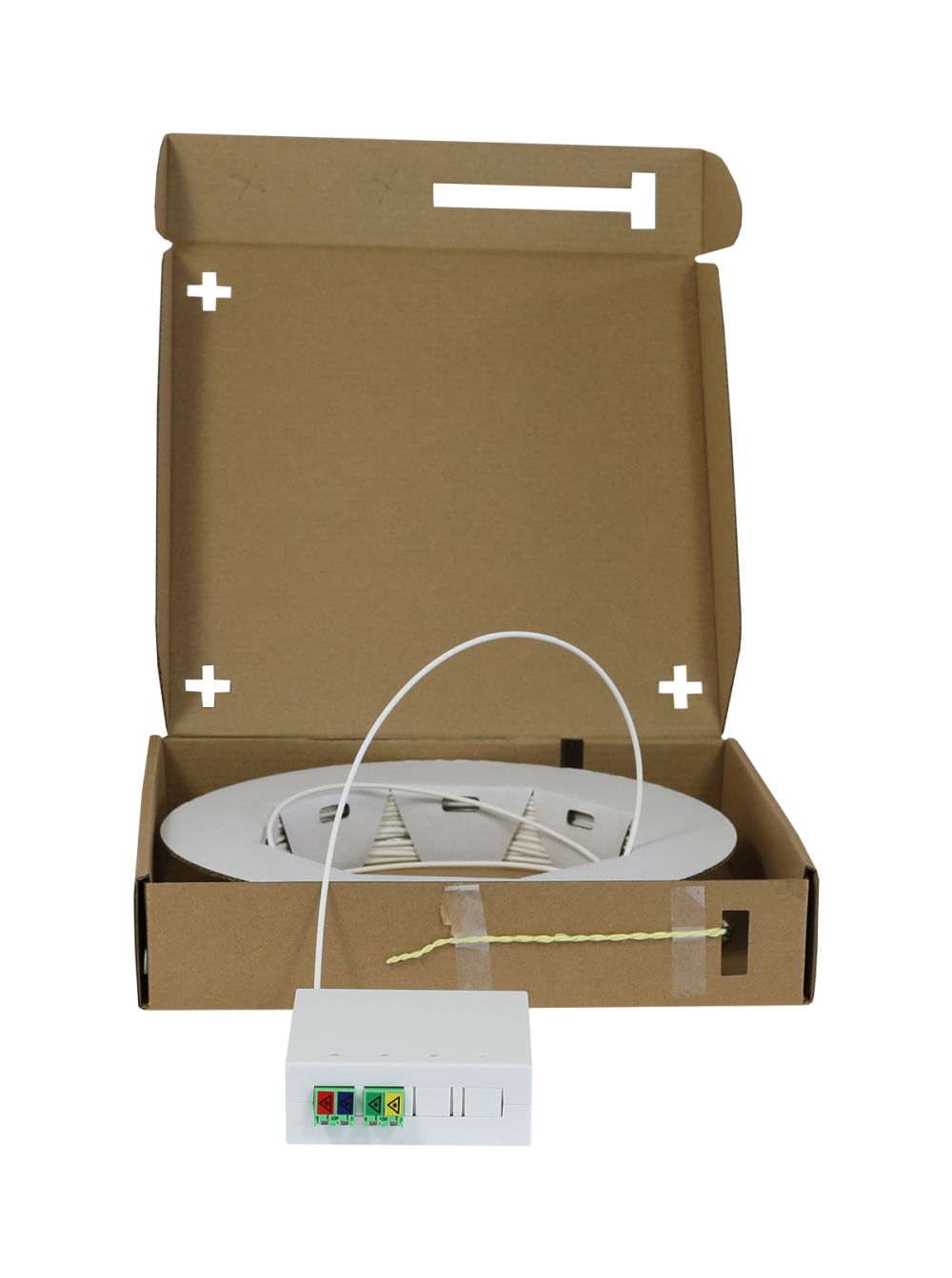 LWL-FTTH Compact Box vorkonfektioniert, 4xLC/APC -> open End, 20m, 9/125u, G.657.A2, 4-Faser, OD=2.2mm, Synergy 21
