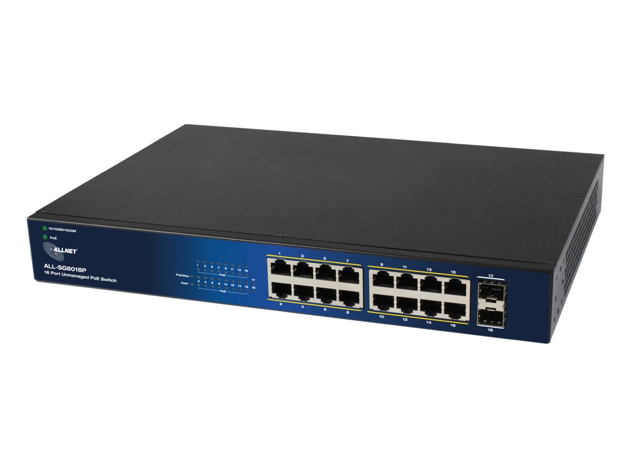 ALLNET Switch unmanaged Layer2 18 Port • PoE Budget 240W • 16x PoE at • 2x SFP • 19" • Lüfterlos • ALL-SG8018P