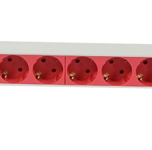 ALLNET 19"zbh. Steckdosenleiste, 9xDosen(CEE7)->Kaltgeräte(Stecker,C14), mit 10A Überlastungsschutz, ALU, Lichtgrau/Rot, Synergy 21,