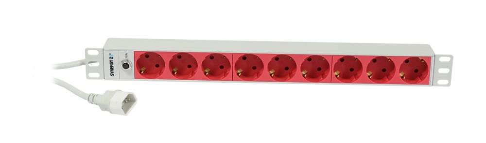 ALLNET 19"zbh. Steckdosenleiste, 9xDosen(CEE7)->Kaltgeräte(Stecker,C14), mit 10A Überlastungsschutz, ALU, Lichtgrau/Rot, Synergy 21,