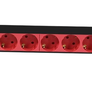 ALLNET 19"zbh. Steckdosenleiste, 9xDosen(CEE7)->Kaltgeräte(Stecker,C14), mit 10A Überlastungsschutz, ALU, Schwarz/Rot, Synergy 21,