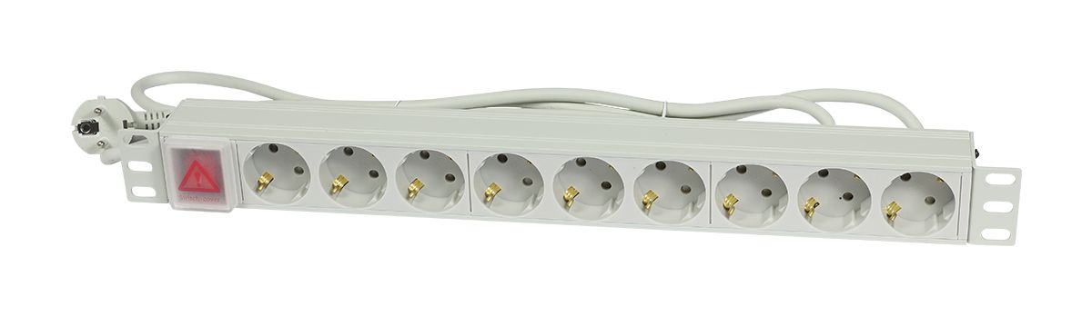 ALLNET 19"zbh. Steckdosenleiste, 9xDosen(CEE7)->Stecker(CEE7), Schalter, ALU, Lichtgrau, Synergy 21