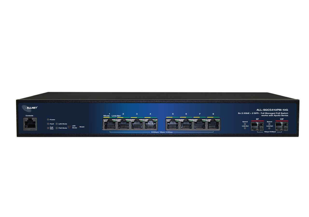 ALLNET Apollo full managed Layer2+ 10Port • 8x 2.5GB • PoE Budget 240W • 8x PoE at • 2x SFP+ • Apollo • ALL-SGC5410PM-10G