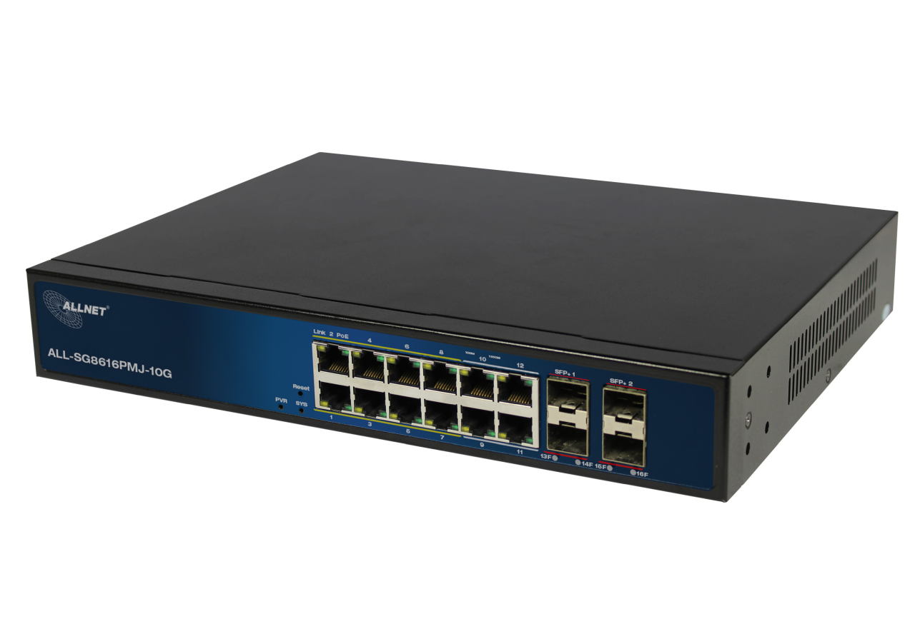ALLNET Switch full managed Layer2+ 16 Port • 12x GbE • PoE Budget 130W • 8x PoE at • 4x Giga LAN • 4x SFP+ • 19" • ALL-SG8616PMJ-10G