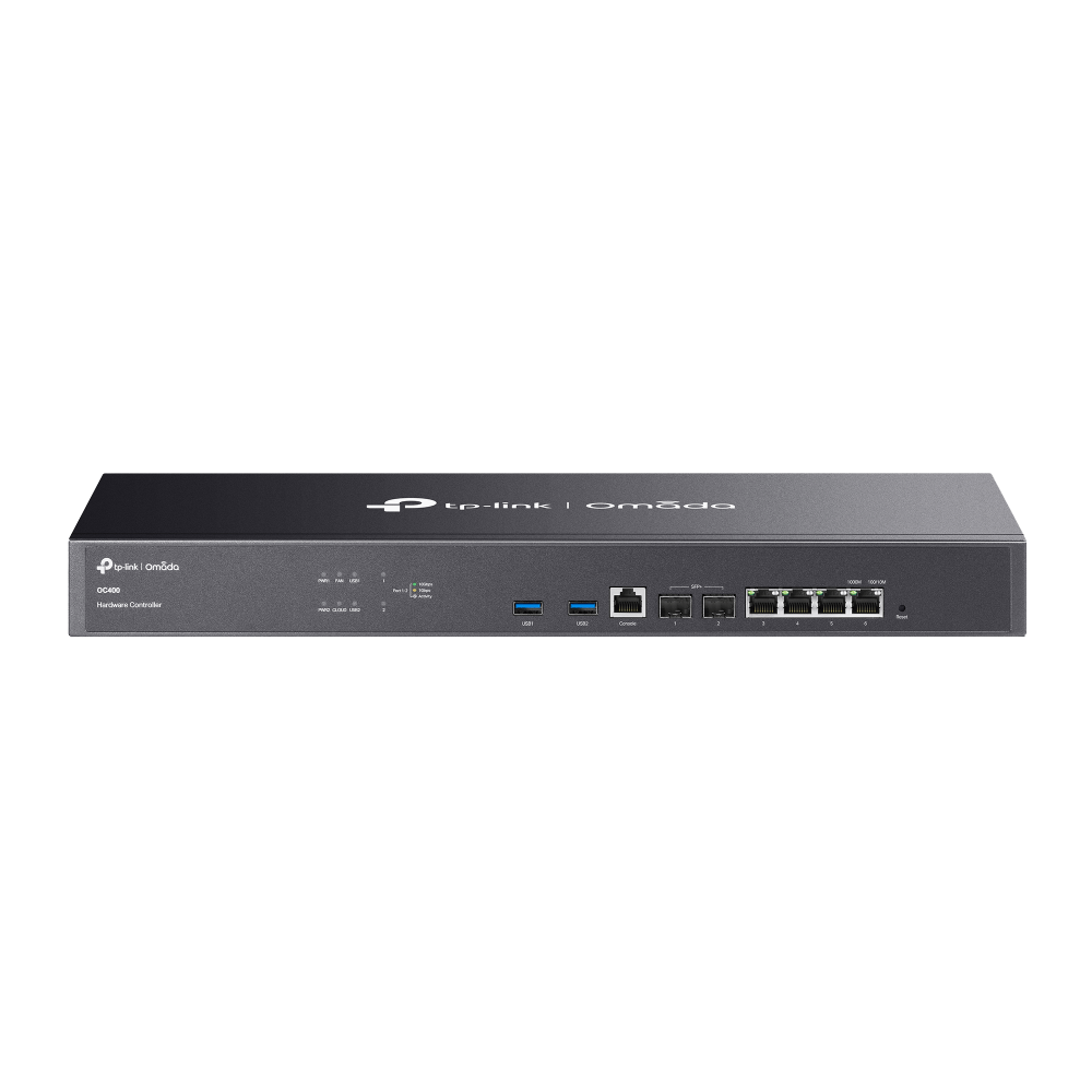 Omada by tp-link OC400 - Omada Hardware Controller - PORT: 2× 10GE SFP+ Slots, 4× GE RJ45 Ports, and 2× USB 3.0 Ports.
