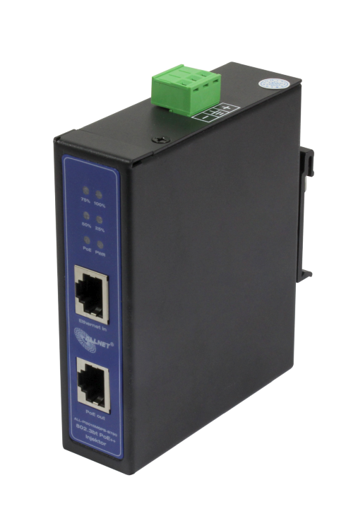 ALLNET PoE Injektor Industrial MultiGigabit • PoE BT mit Power-Booster (15,4W/30W/90W) • DIN • ALLNET PoE Injekt Metallgehäuse • ALL-PI2015MGPB-BT90