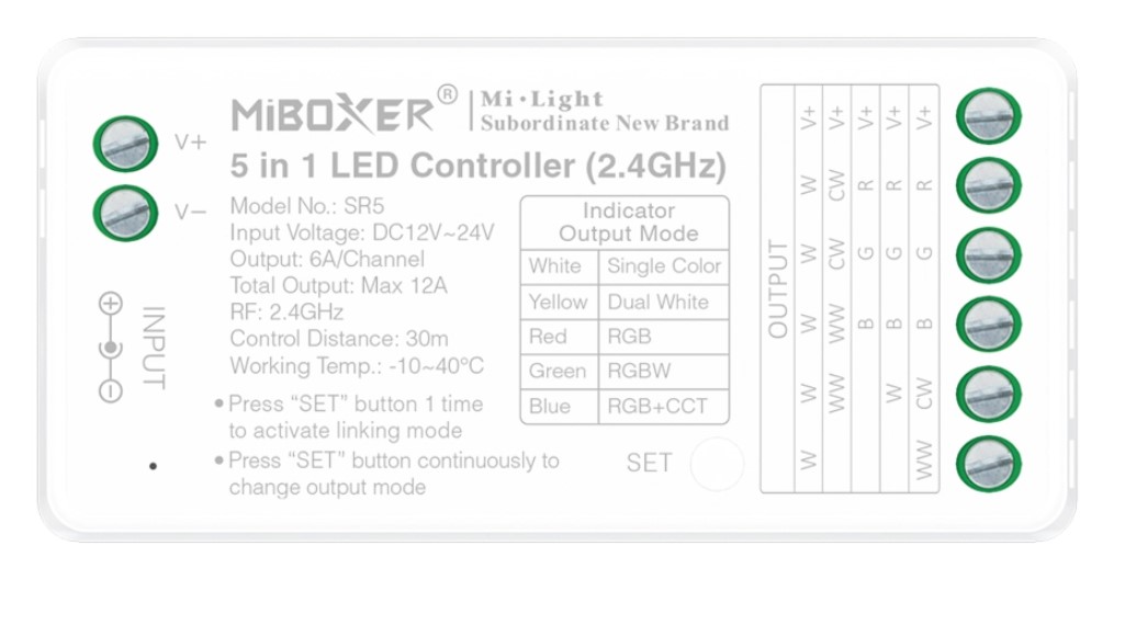 MiBoxer SR5 LED Controller 5in1 RGB-WW (RGB-CCT) DC12~24V WiFi + 2.4G Alexa Serie