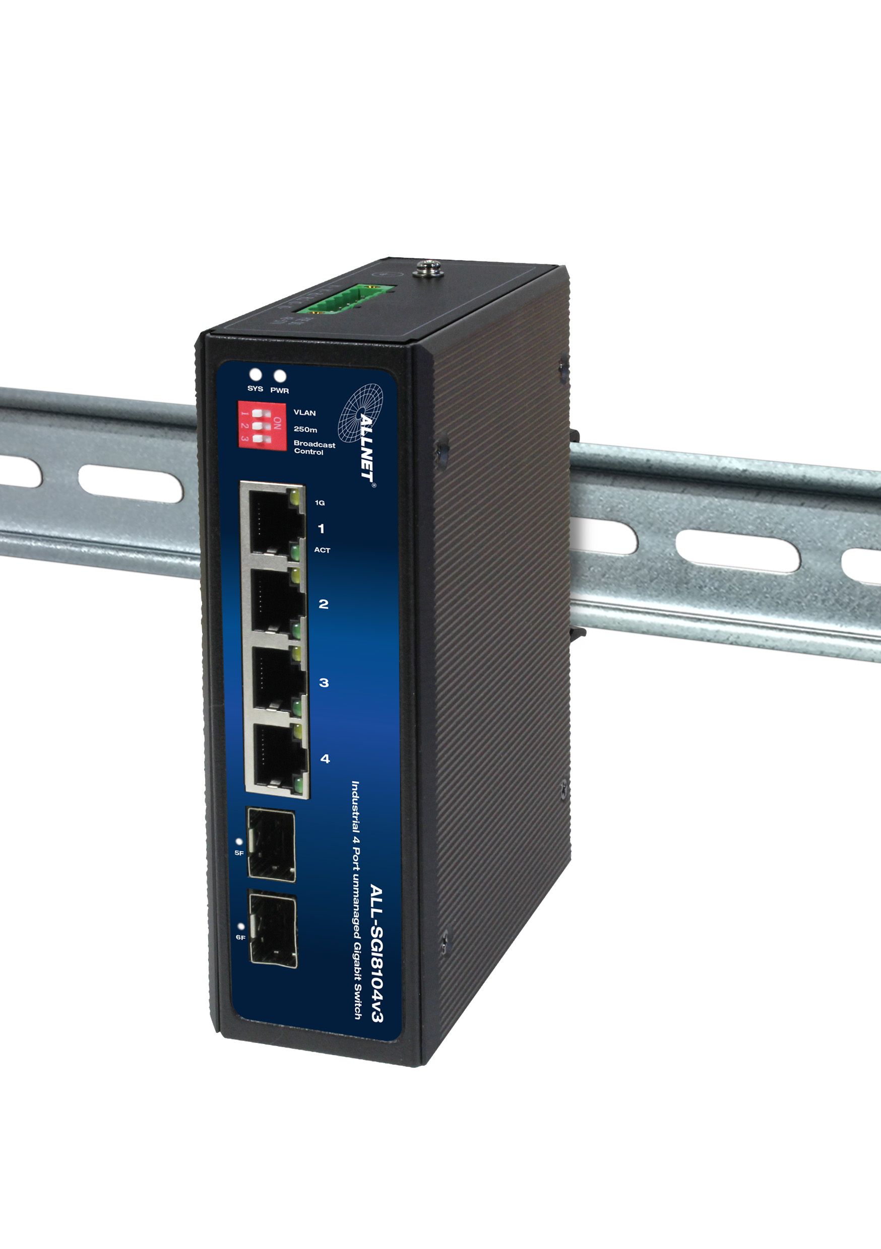 ALLNET Switch industrial unmanaged Layer2 6 Port GbE • 4x GbE • 2x SFP • Lüfterlos , IP40 • ALL-SGI8104v3