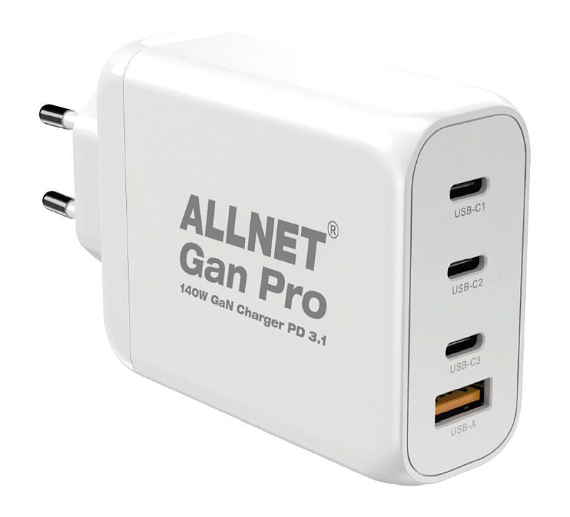 ALLNET Ersatznetzteil QC USB-C PD 3.1 GaN Netzteil Power Supply 140 Watt 1x USB Typ-A QC 3.0, 3x USB Typ-C**EU PLUG**