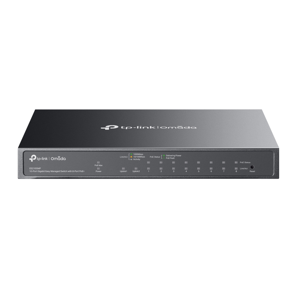 Omada by tp-link Switch easy managed 10 Port • 9x 1 GbE • 1x Combo SFP/RJ45 Port • PoE Budget 123W • 8x PoE at • Lüfterlos • Omada • ES210GMP