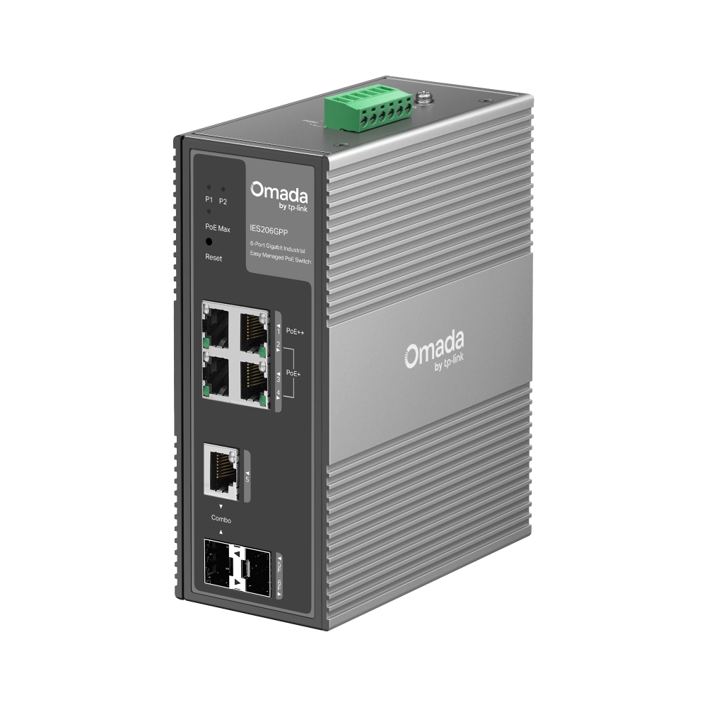 Omada by tp-link Switch Easy Managed Industrial Layer2 6 Port • 4x 1 GbE PoE+ at • 2x 1 GbE • PoE Budget 120Watt • Lüfterlos, Omada • IES206GPP(UN)