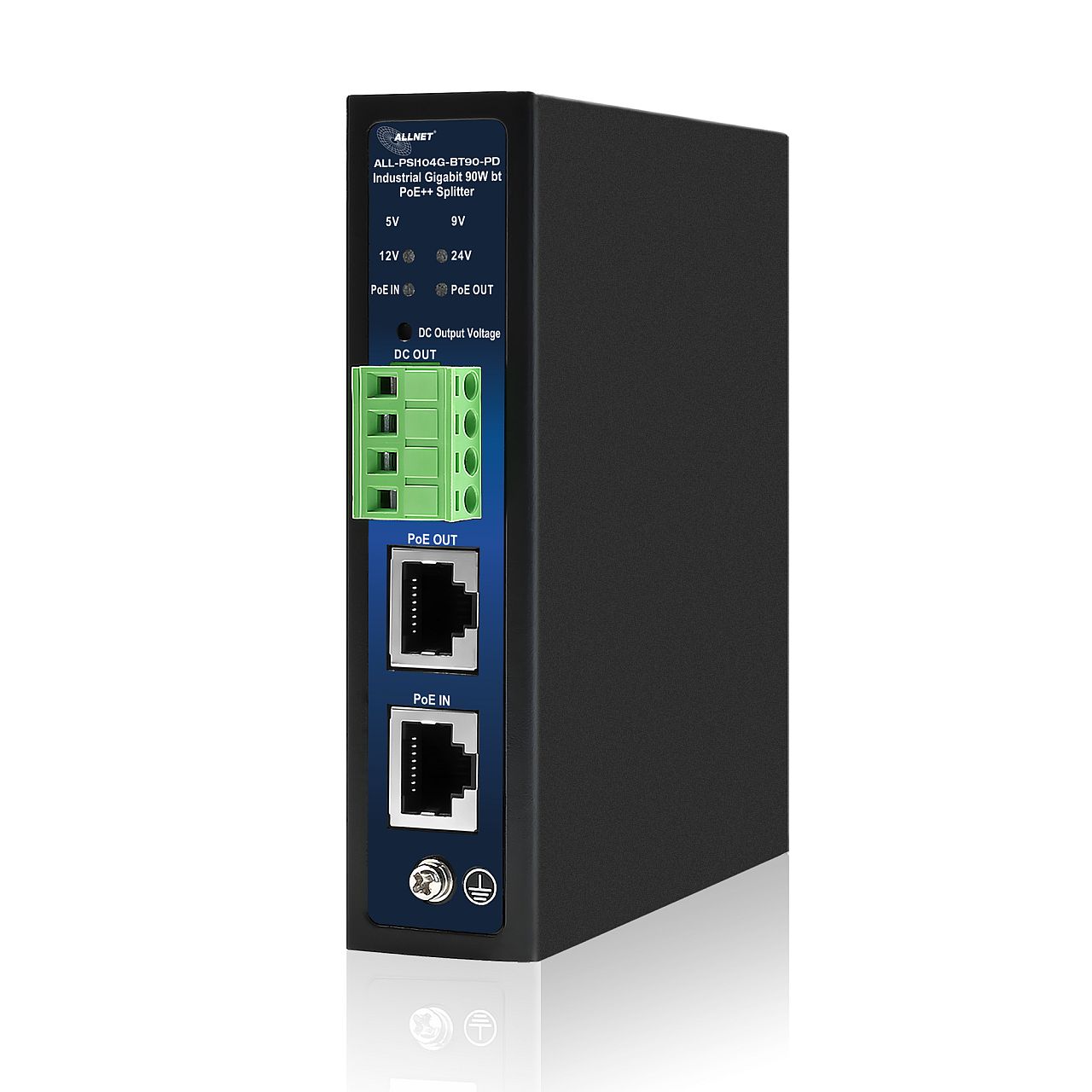 ALLNET PoE Splitter/Extractor industrial • 1x GbE PoE BT IN • 1x GbE PoE Out • 5V/9V/12V/24V adjustable • DIN-Rail • ALL-PSI104G-BT90-PD