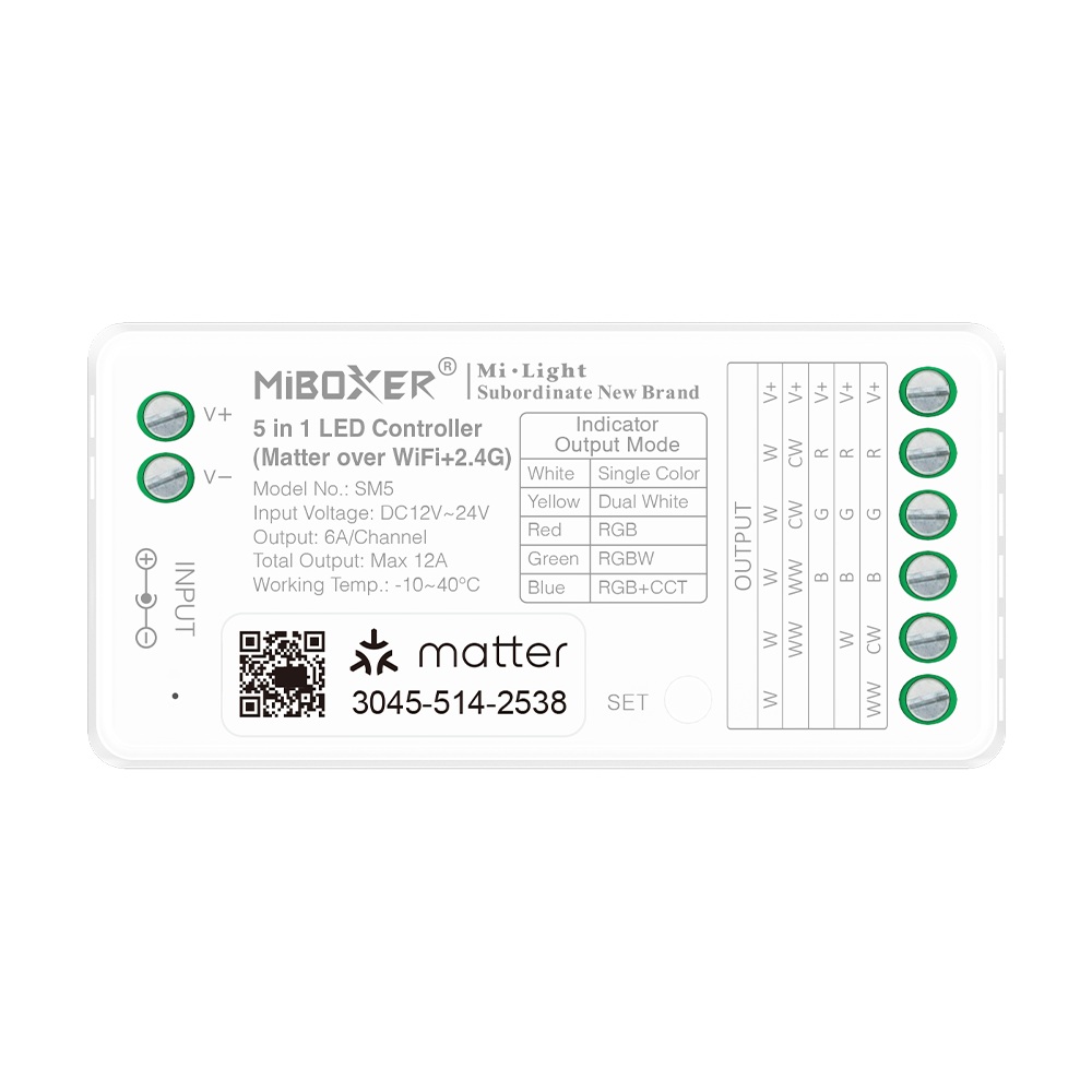 MiBoxer SM5 LED Controller Matter-Serie 5in1 (Single Colour/CCT(dual white)/RGB/RGB-W/RGB+CCT) Matter Over WiFi+2.4GHz IP20