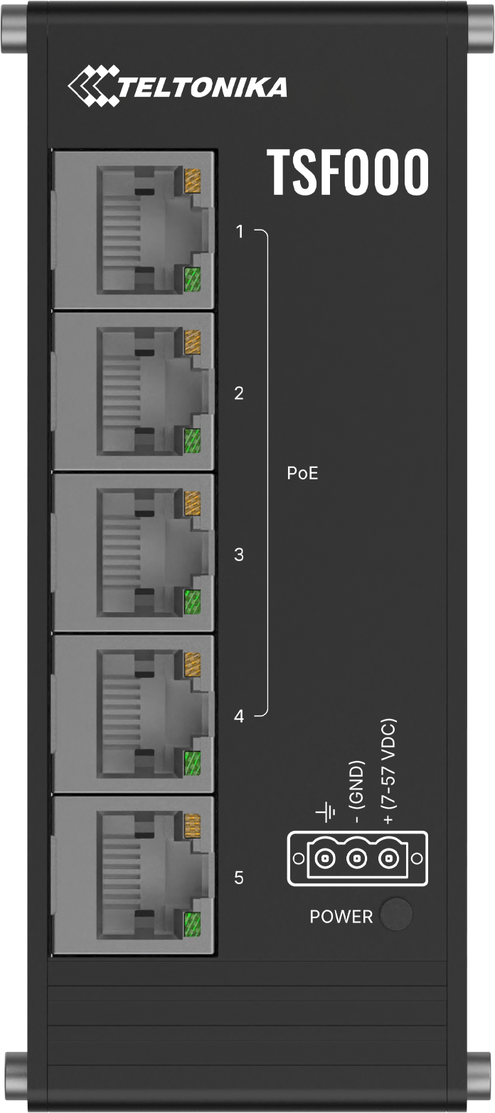 Teltonika · Switch · TSF000 · 5 Port 10/100 Flat Industrial unmanaged Switch, 4x PoE+