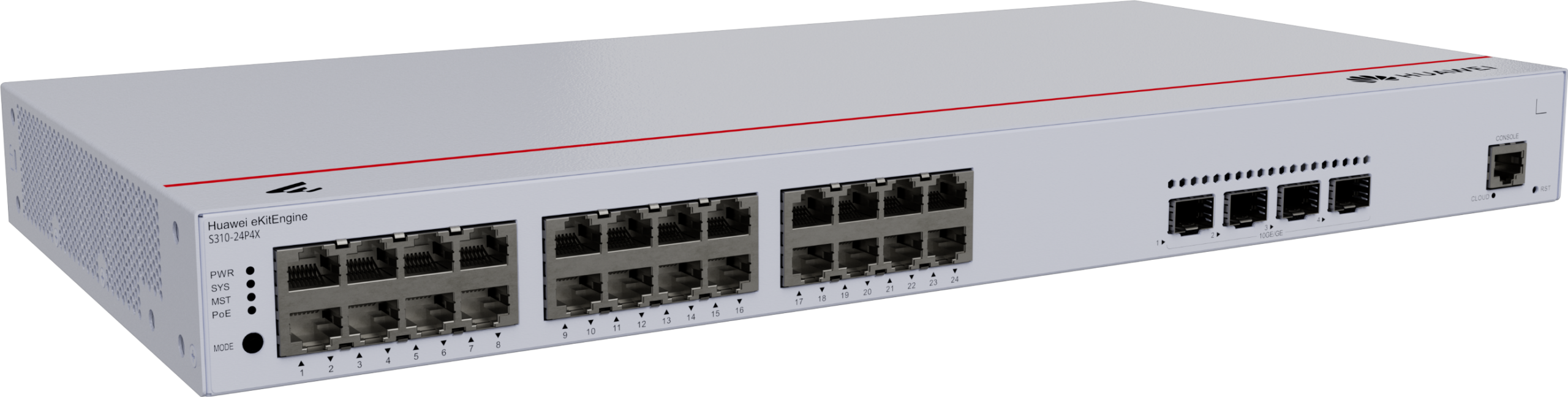 Huawei Switch full managed L2+ 28 Port • 24x GbE • PoE Budget 400W • 24x PoE at • 4x SFP+ • 19" • iStack • S310-24P4X • eKit