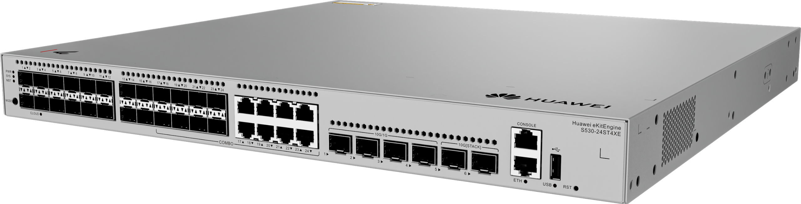 Huawei Core Switch full managed L3 28 Port • 16x SFP + 8x GbE/SFP Combo-Ports • 4x SFP+ • 2x SFP+ iStacking • 19" • S530-24ST4XE • eKit