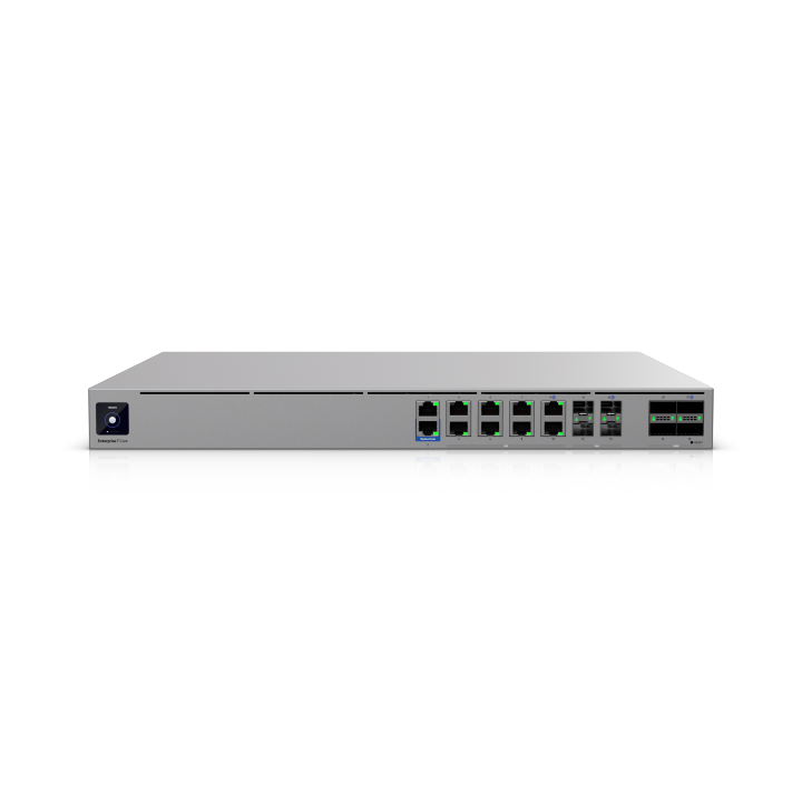 Ubiquiti Enterprise Firewall Core • UniFi OS Console • 79 Gbps IDS/IPS • 4x QSFP28 • 4x SFP28 • 8x 10 GbE • 2x GbE • 2,250+ Devices • EF-Core
