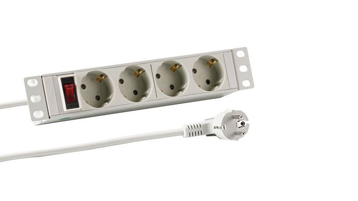 ALLNET 10"zbh. Steckdosenleiste, 4xDosen(CEE7)->1xStecker(CEE7), ALU, Schalter, Lichtgrau,