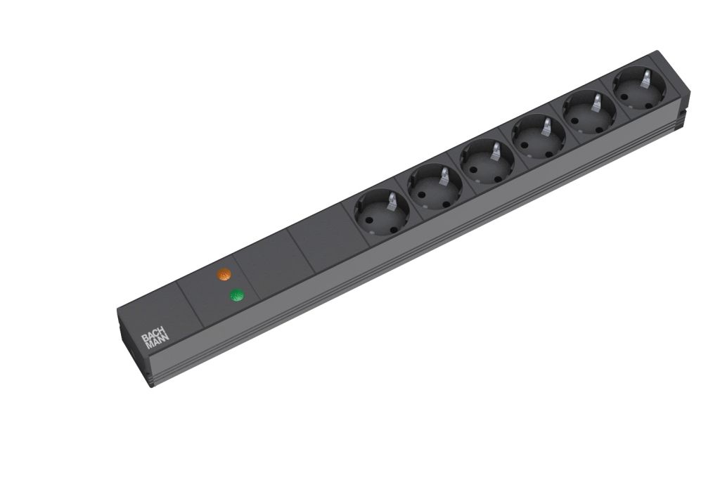 ALLNET 19"zbh. Steckdosenleiste, 6xDosen(CEE7)->Stecker(CEE7), NF/ÜS, ALU, Schwarz, Bachmann,