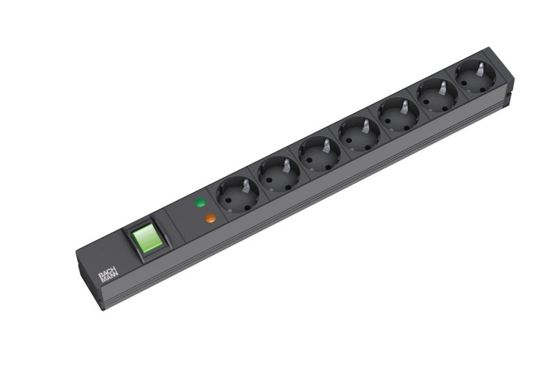ALLNET 19"zbh. Steckdosenleiste, 7xDosen(CEE7)->Stecker(CEE7), ÜS/Schalter, ALU, Schwarz, Bachmann,